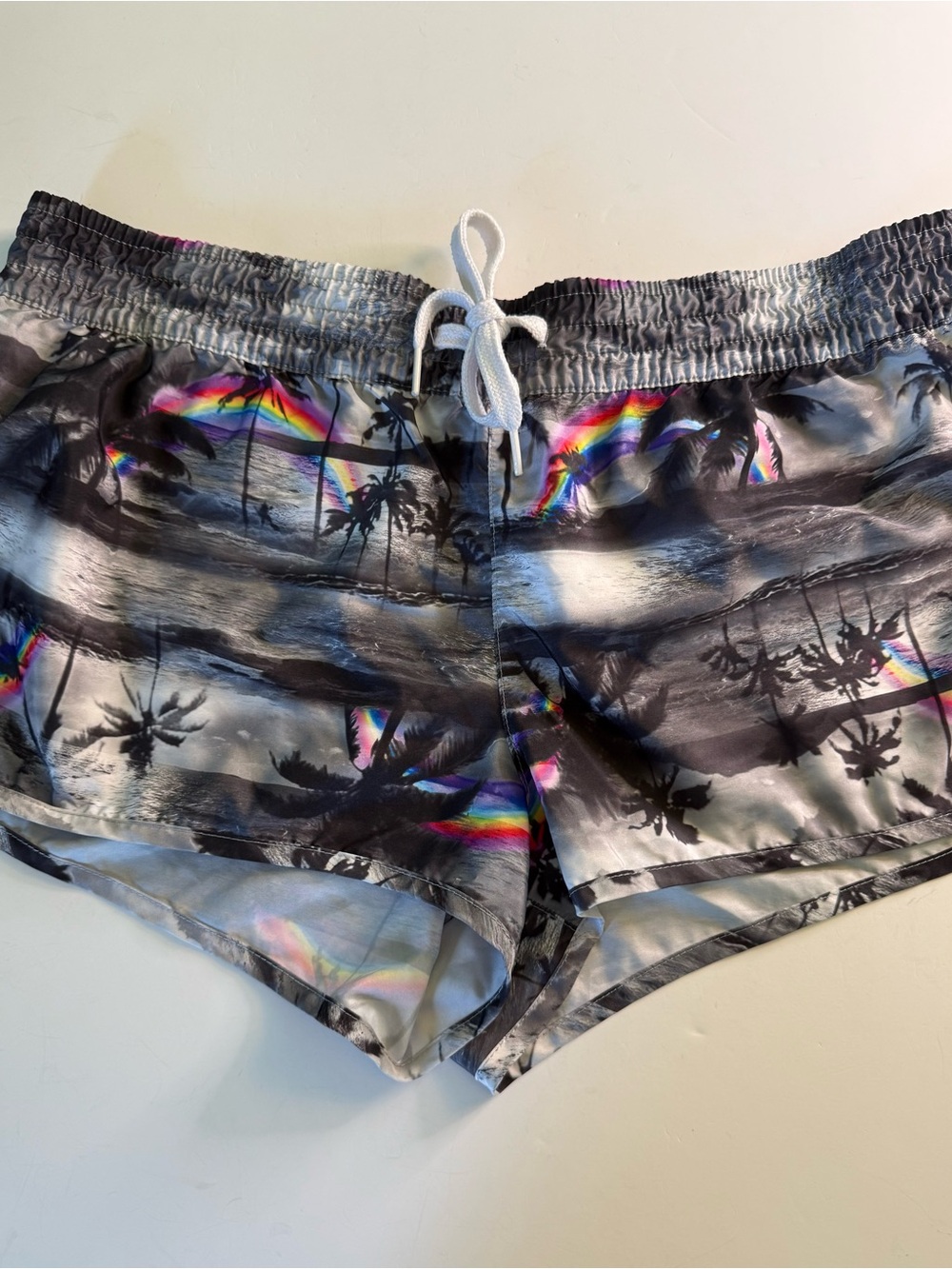 OP Women's Black & Gray Palm Print Athletic Shorts with Rainbow Accents XL